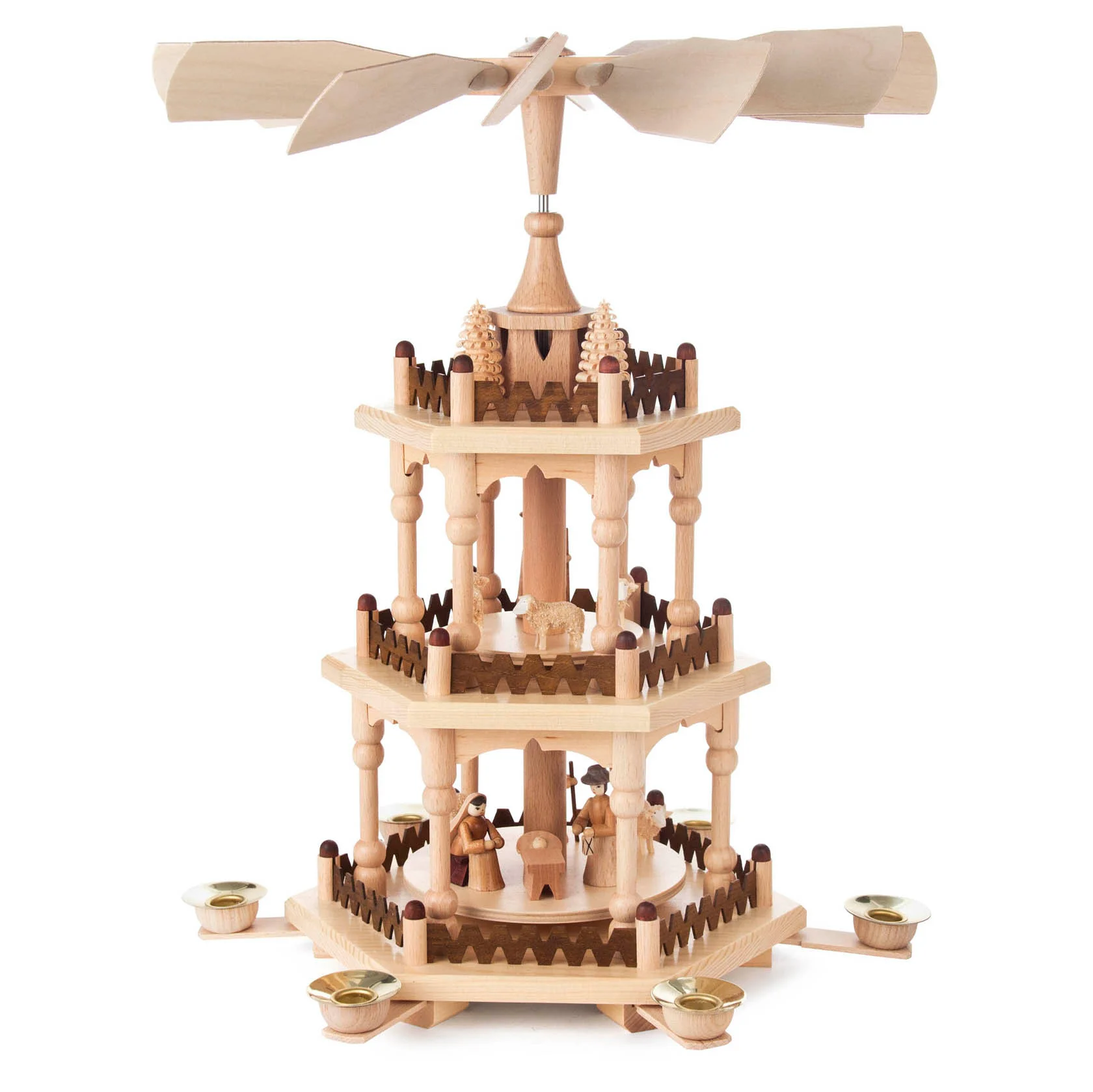 Erzgebirge Pyramide mit Christi Geburt, 2-stöckig, für Kerzen d=14mm ,  Weihnachtspyramide , Höhe ca. 40 cm , Natur