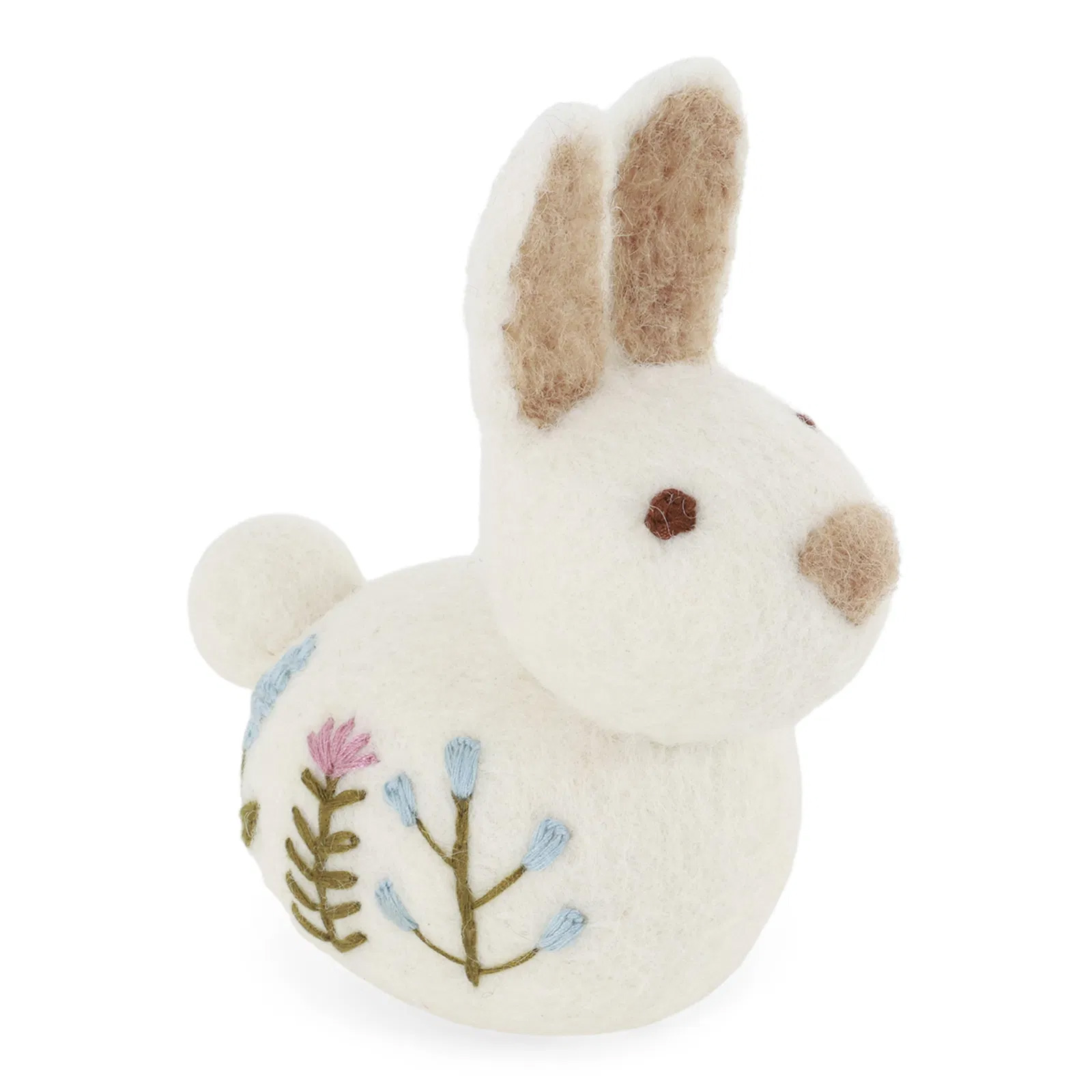 Gry & Sif Sitzendes Häschen mit Blumenstickerei – Weiß aus Filz,  ca. 11 cm , Sitting Bunny w/Flower Embroidery - White