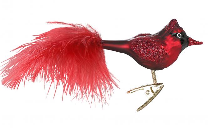Inge Glas Weihnachtsbaumschmuck Vogel Roter Kardinal, ca. 8 cm plus Feder , Glas