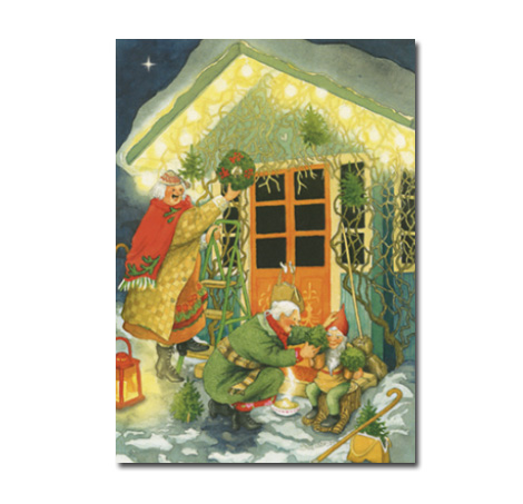 Postkarte Inge Löök " Frauen und Wichtel dekorieren weihnachtlich "  Löök Postkarte Weihnachten 
