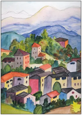 Postkarte  "Tessiner Dorf mit Bergen, 1926" von Hermann Hesse  