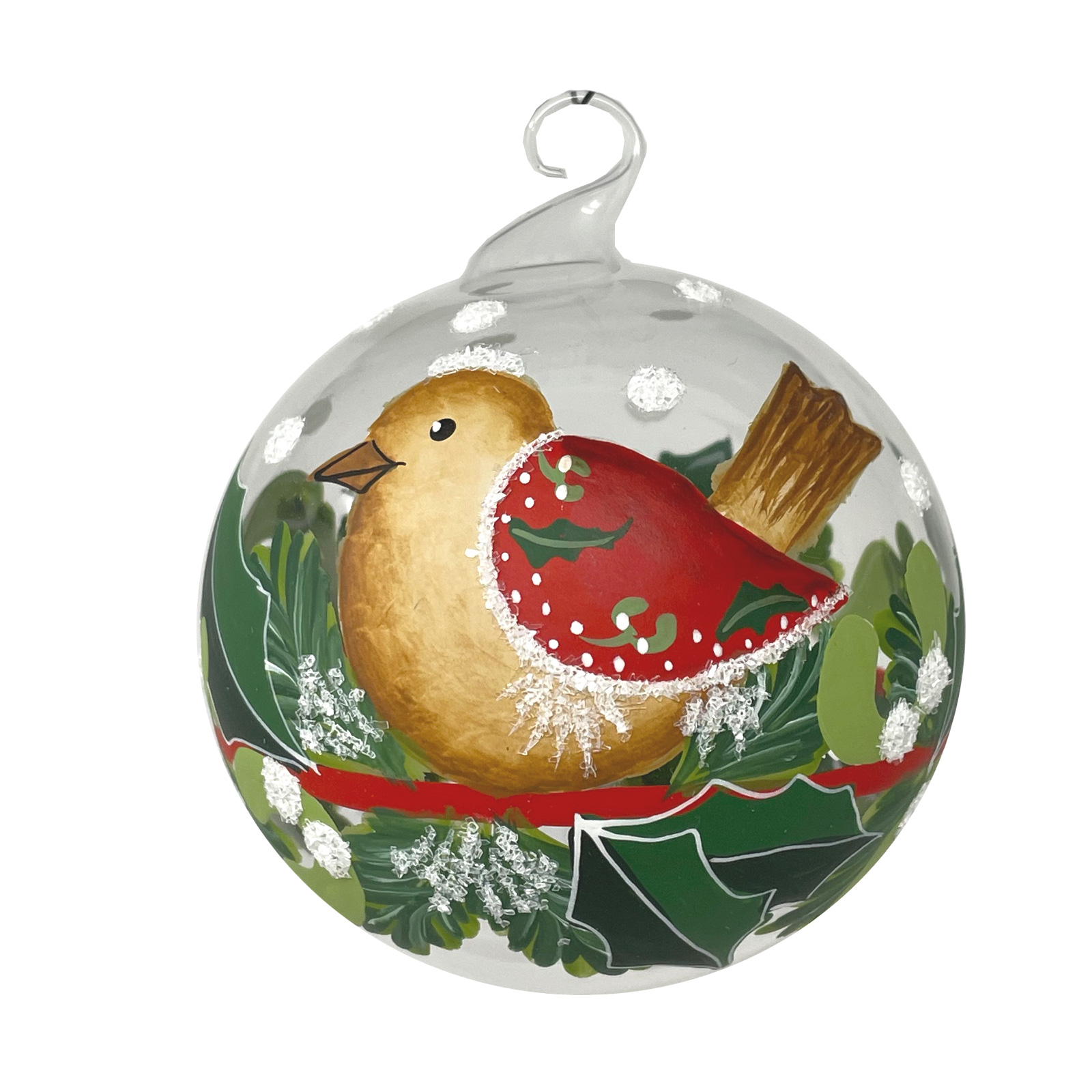 Weihnachtskugel Vogel creme-rot an Girlande ca. 8 cm, Kugel klar mit Glasöse, wundervoll von Hand bemalt.