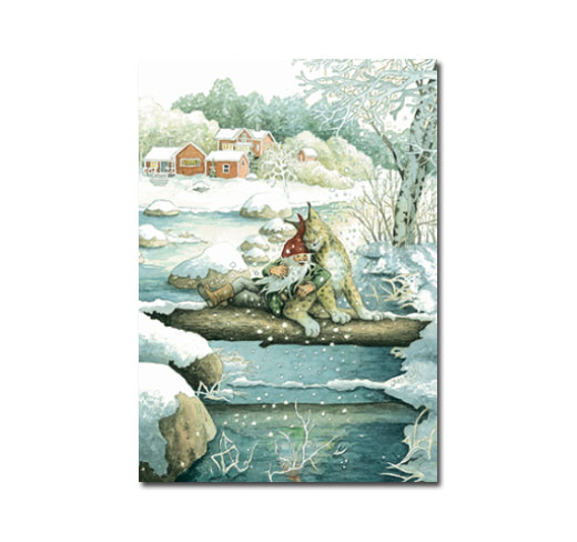 Postkarte Inge Löök "Zwerg und Katze vor winterlichem Dorf"  Löök Postkarte Weihnachten
