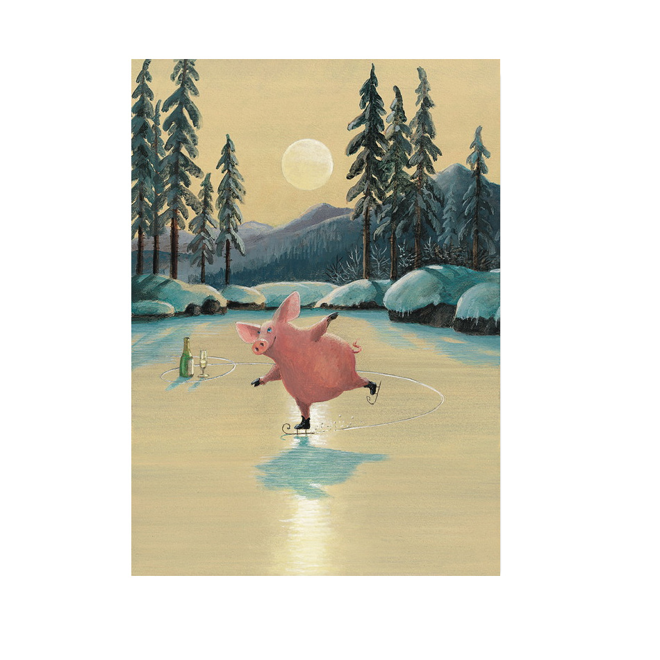   Inkognito Postkarte XMAS Eiskunstlauf , Weihnachten , Schwein, Neujahr, Silvester 
