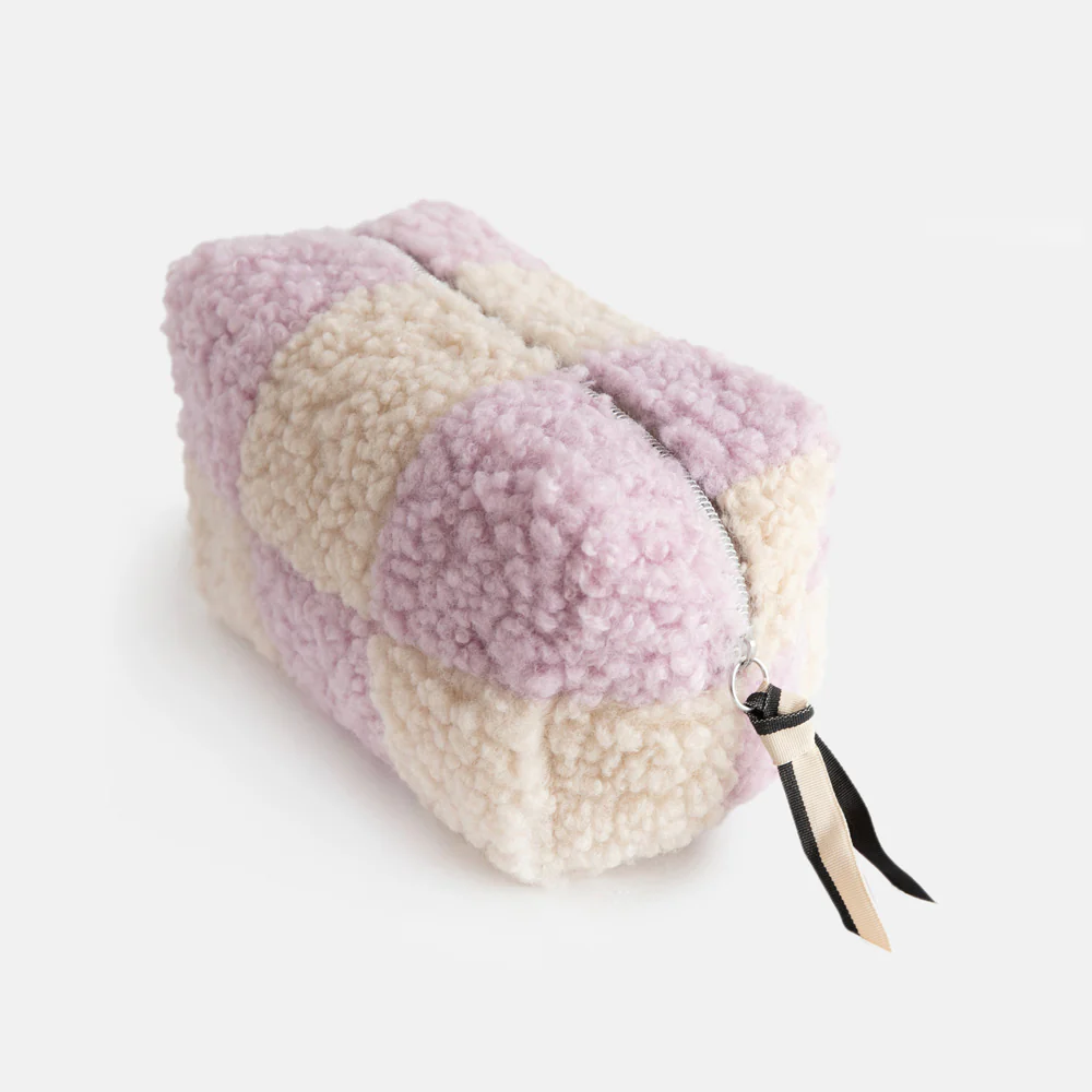 Caroline Gardner Lilac/Cream Check Borg Cube Cosmetic Bag  , Kosmetiktasche , Teddyplüsch 