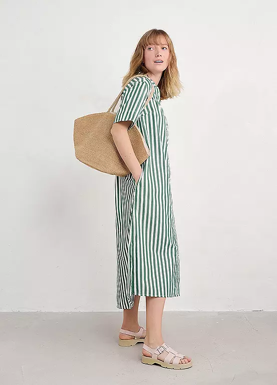 % SEASALT CORNWALL Kleid Harbour Movement Organic Cotton Shirt Dress, Farbe Mini Scallion Dark Forage, grün gestreift % 