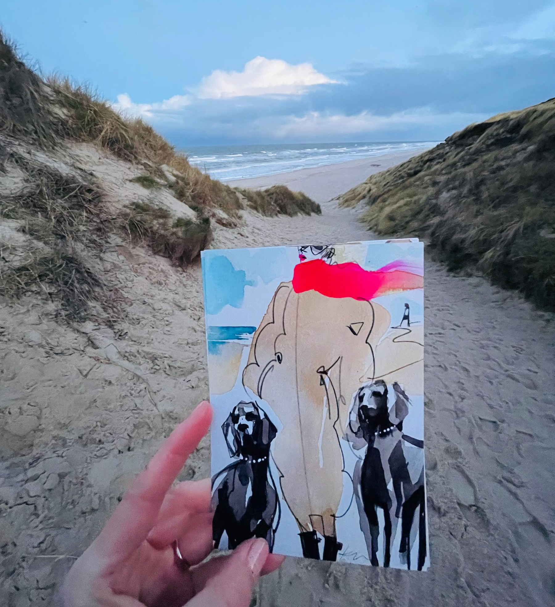 Katja Foos Karte "2 Hunde mit Frauchen mit Schal pink" aus der Serie „Hundis & Frauchen“, pink