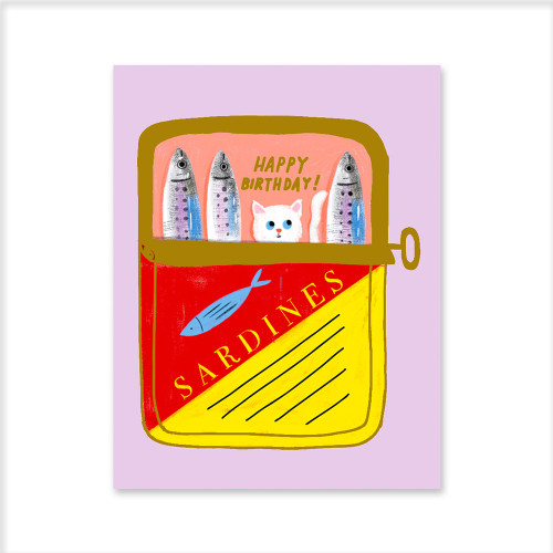 Postkarte "Happy Birthday"Sardinen & Katze von Carolyn Suzuki