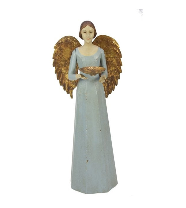 Engel Nr. 40 mit goldenen Flügeln, ANTIK BLAU, Vintage Look, ca. 15 x 14 x 36 cm, Kerzenhalter, Holzoptik Weihnachten , Weihnachtsengel von Meander 