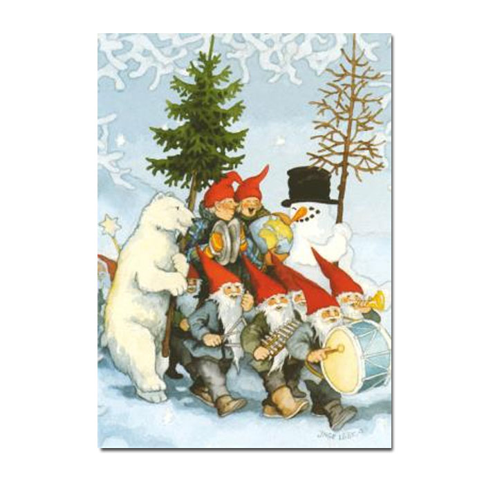 Postkarte Inge Löök "Frauen musizieren mit Zwergen, Schneemann und Eisbär  "  Löök Postkarte Weihnachten