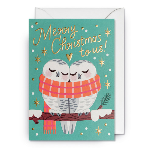 Doppelkarte Eulen "Merry Christmas to Us!"  von Mei Støyva Weihnachtskarte