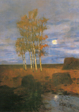 Postkarte Carl Vinnen" Moorlandschaft mit Birken und Mond, 1900 " Herbst,  Kunst 