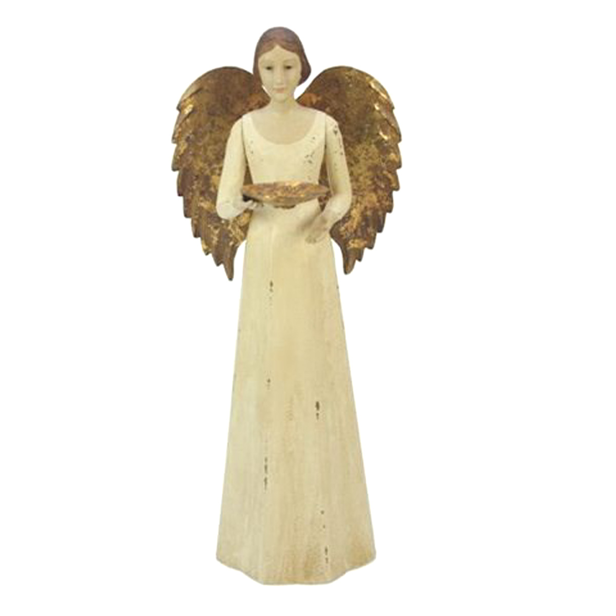 Engel Nr. 41 mit goldenen Flügeln, ANTIK WEISS, Vintage Look, ca. 15 x 14 x 36 cm, Kerzenhalter, Holzoptik Weihnachten , Weihnachtsengel von Meander