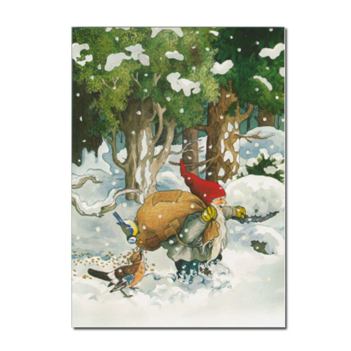 Postkarte Inge Löök "Zwerg mit Vogelfutter im Schnee "  Löök Postkarte Weihnachten