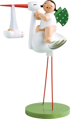 Wendt & Kühn STORCH MIT WICKELKIND, MÄDCHEN mit Engel , braune Haare, von Wendt & Kühn, Geburt, Taufe  