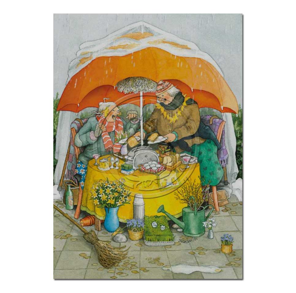 Postkarte Inge Löök "FRAUEN FRÜHSTÜCKEN IM REGEN "  Löök Postkarte