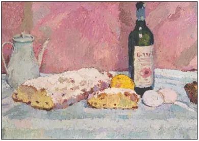 Postkarte Stillleben mit Stollen und Weinflasche, 1963,von Bernhard Kretzschmar, Christstollen, Kunst 