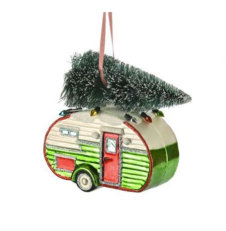 Christbaumkugel Wohnwagen mit Baum, grün-weiss, ca. 11 cm  