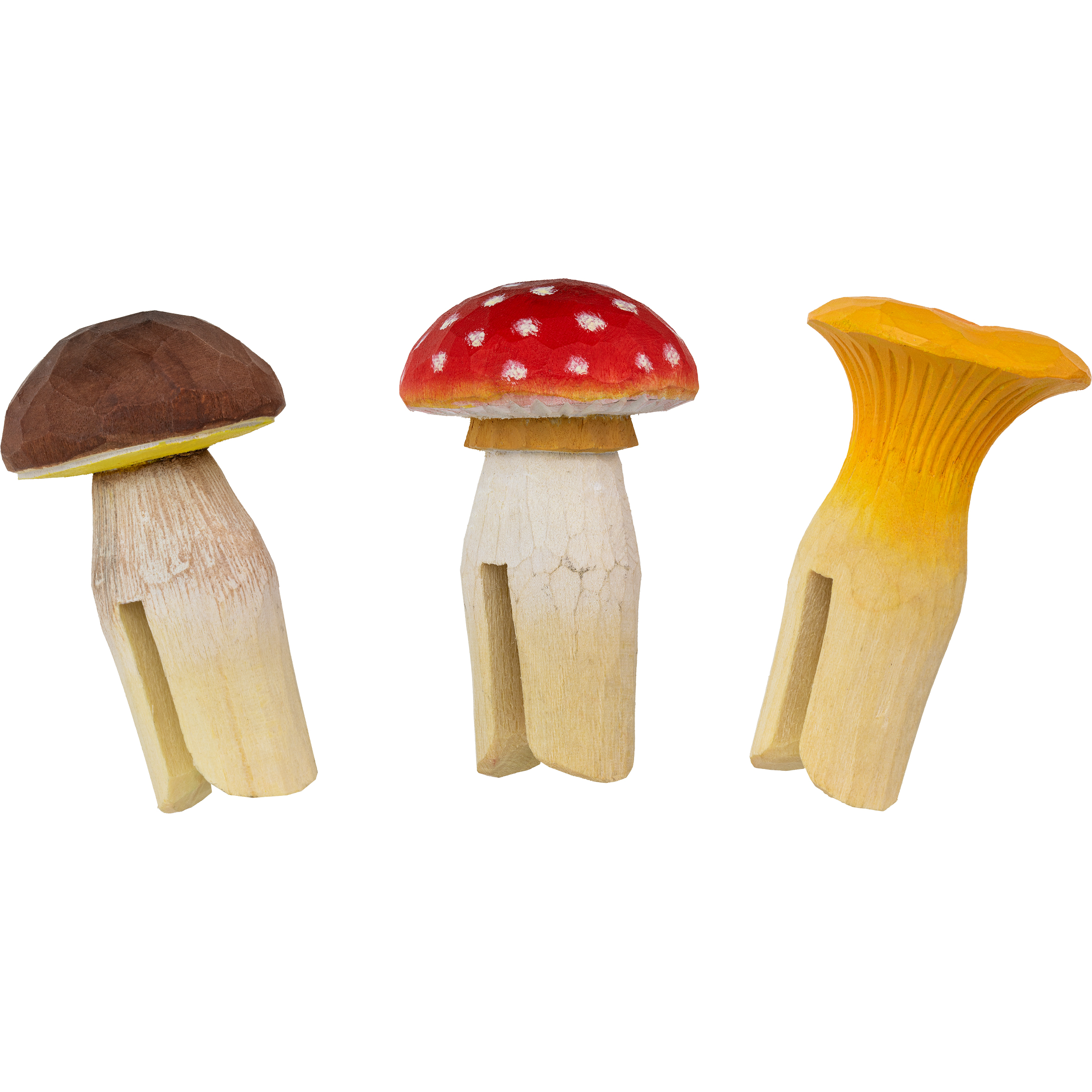 Dekor Wald – Pilze (Fliegenpilz, Pfifferling, Steinpilz)3er Set aus  Lindenholz handgeschnitzt von Wildlife Garden