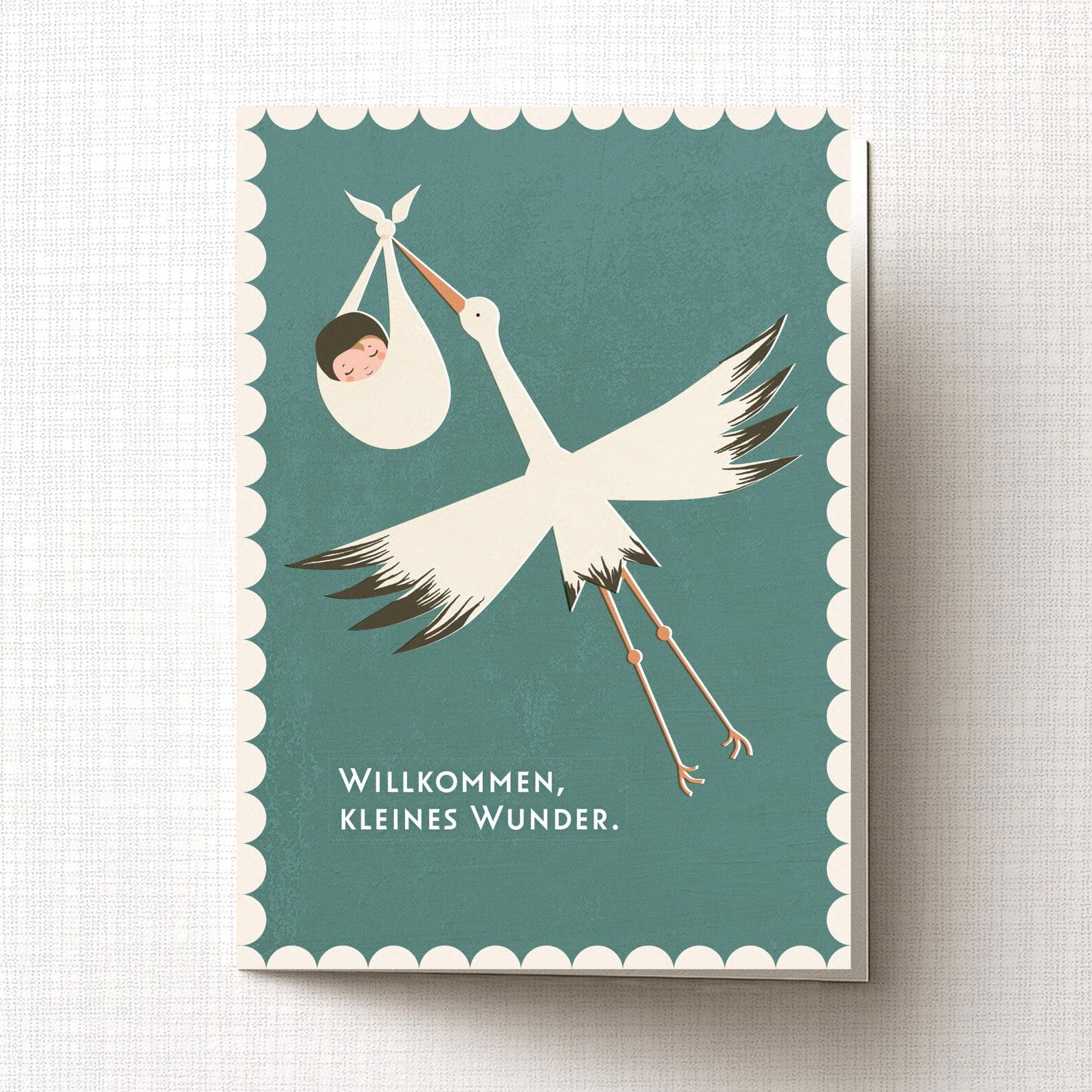 Klappkarte zur Geburt mit Storch "Willkommen kleines Wunder" von Monimari