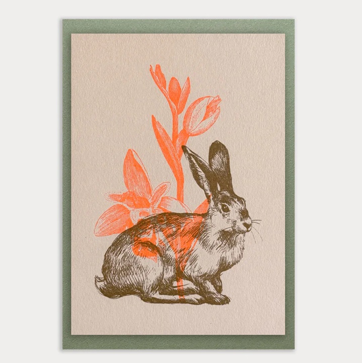 RISO Doppelkarte Osterkarte / Hase mit Narzisse mit Umschlag , Neon Orange, handgedruckt von Togethery