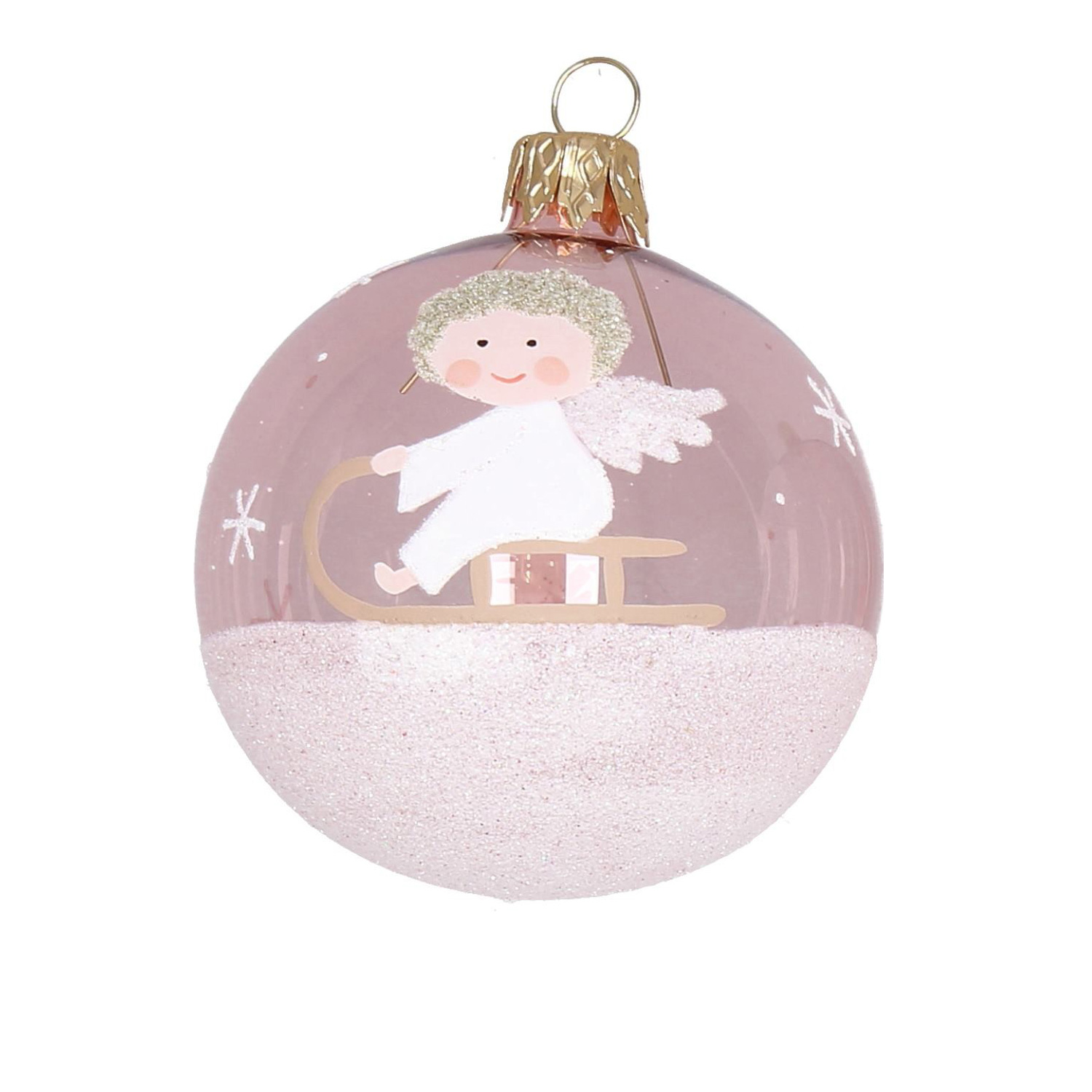 Weihnachtskugel "Engel" rosa-weiß-Glitzer, D. ca. 8 cm, handbemalt, klar rosa