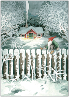 Postkarte Inge Löök "Zwerg steigt über Gartenzaun "  Löök Postkarte Weihnachten