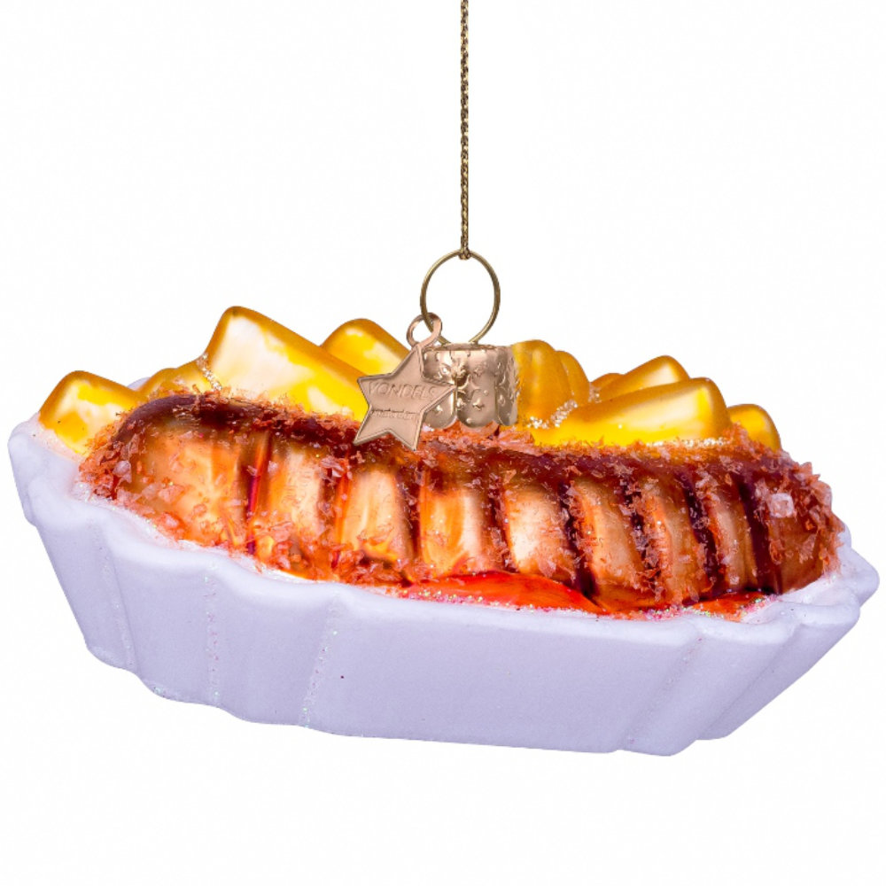 Weihnachtsanhänger Currywurst mit Pommes, Glas,  Höhe ca. 4 cm ,Christbaumkugel 