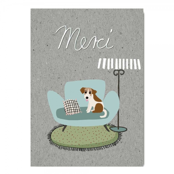 Postkarte Merci Sofa mit Hund - Holzschliffpappe, aus der Grey Code von Fritzante , Danke, Hund