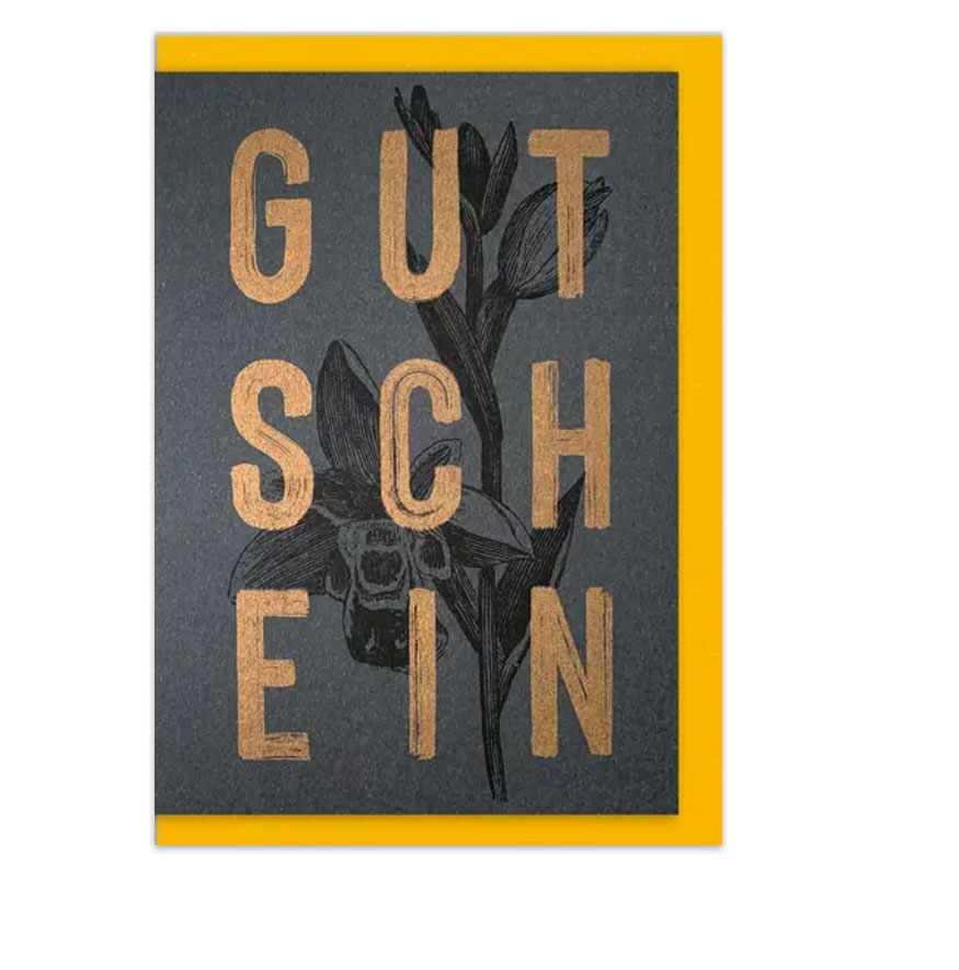 Feingeladen Doppelkarte GUTSCHEIN, mit Umschlag , RISO handgedruckt  