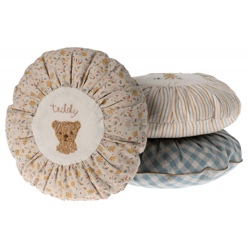 Maileg Kissen Rund klein mit Teddy Stickerei Blumen Muster, D. ca. 26 cm