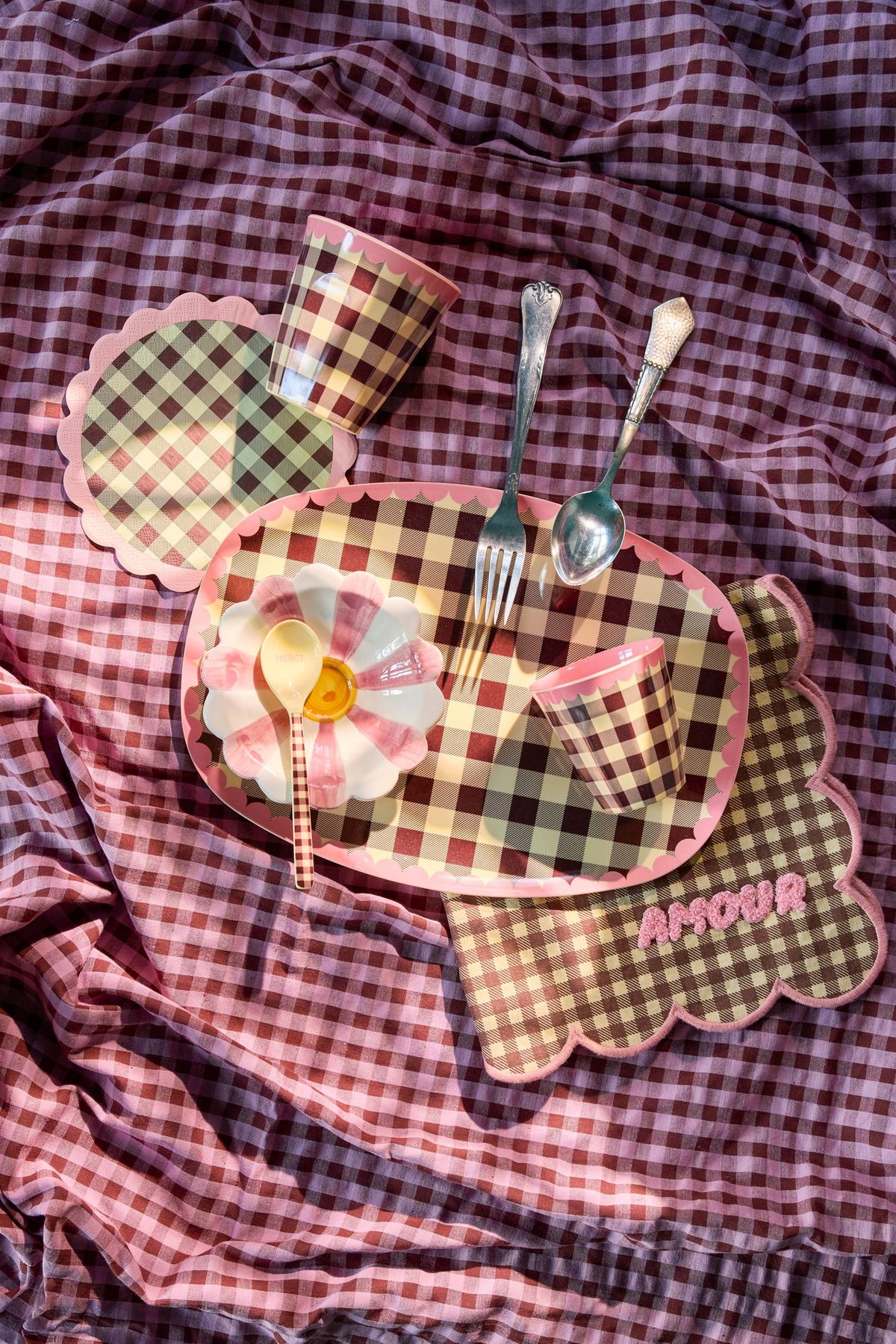 Rice Stoffserviette AMOUR Braun Karo, ca. 45 x 45 cm