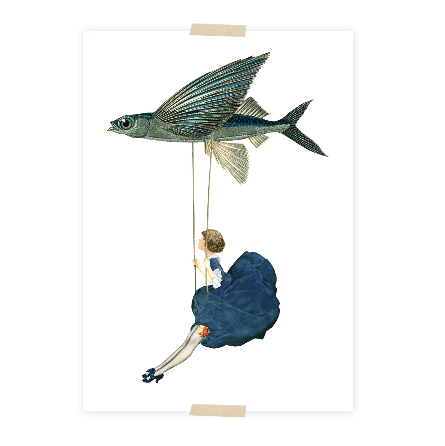 Lylies Postkarte Collage Mädchen hängt an fliegenden Fischen von Lylies