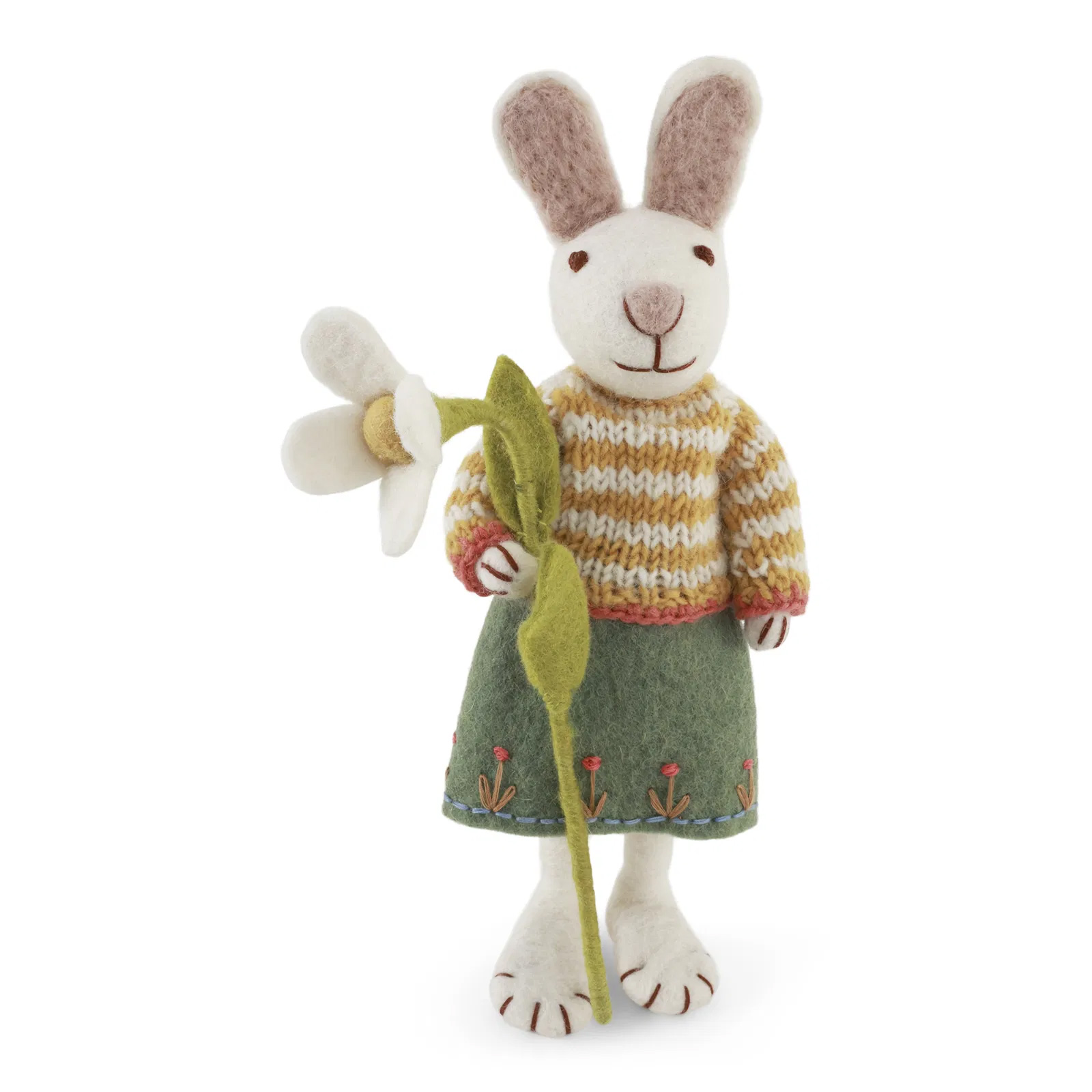 Gry & Sif Hasendame med weiß mit Schneeglöckchen aus Filz,  ca. 27 cm , Medium White Girly Bunny w/Skirt & Snowdrop