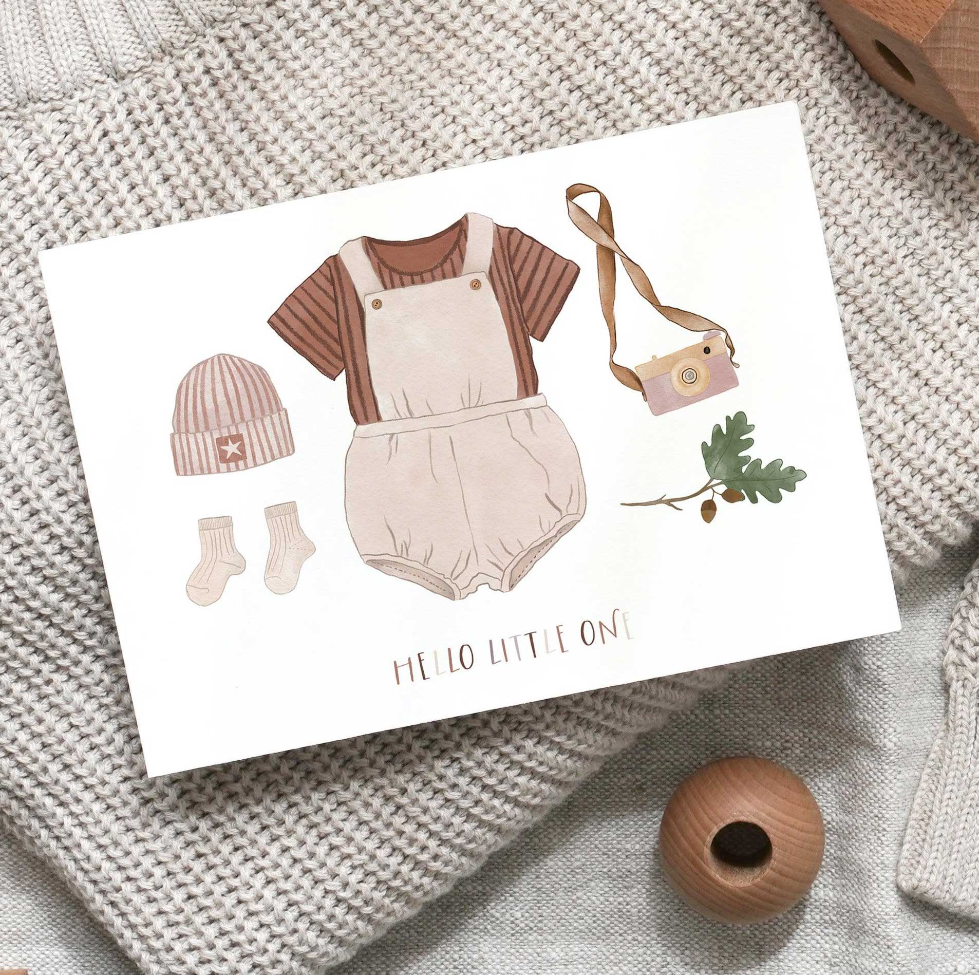 Leo la Douce Postkarte Hello Little One, Zur Geburt, braun