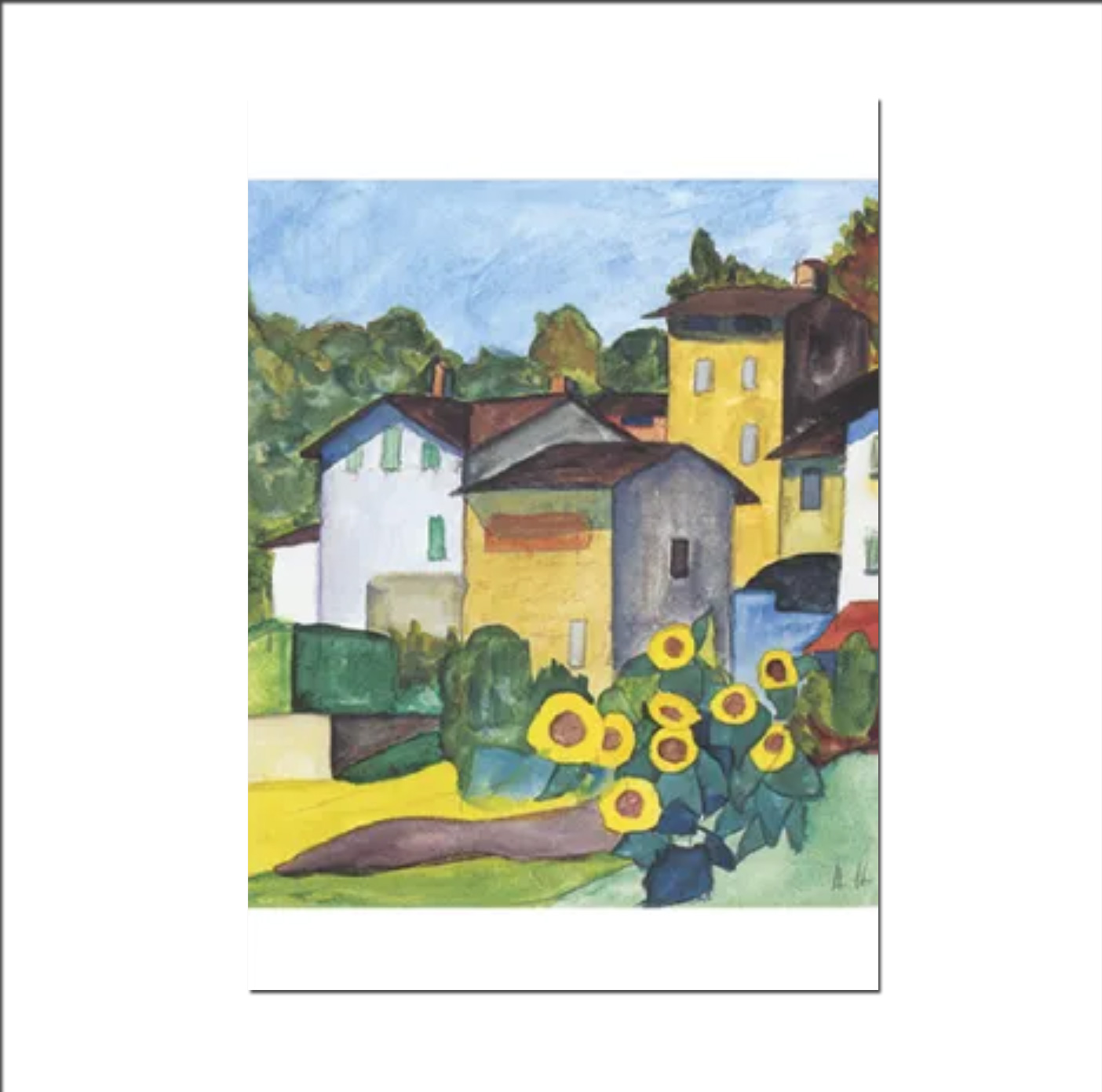 Postkarte  "Tessiner Dorf mit Sonnenblumen, 1927" von Hermann Hesse   
