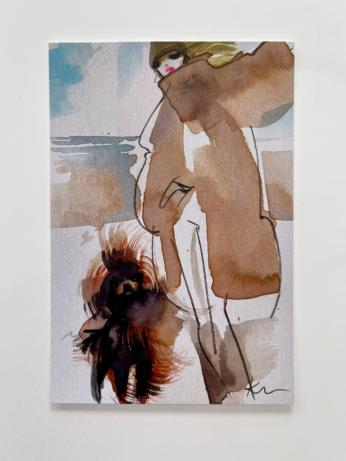 Katja Foos Karte " Labradoodle mit Frauchen"aus der Serie „Hundis & Frauchen“, beige 