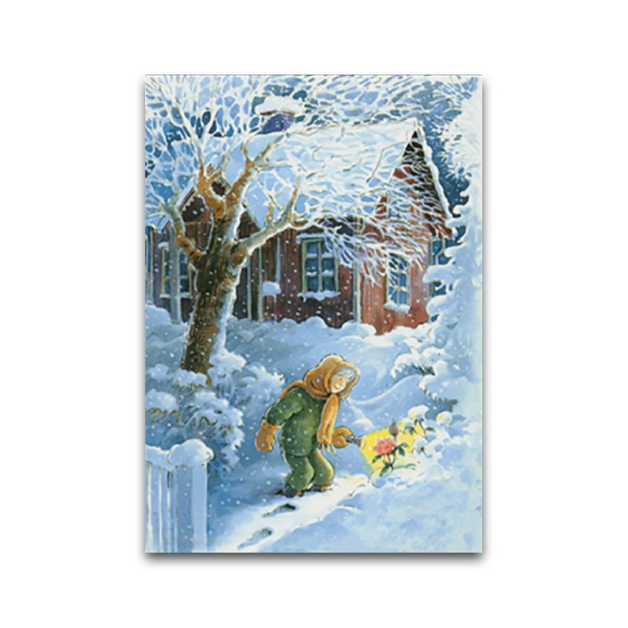 Postkarte Kind findet Rose im Schnee , Weihnachten, Schweden, Taurus