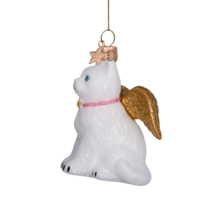 Weihnachtskugel weiße Katze mit Goldflügeln, Glas,ca. 8 cm,  von Vondels