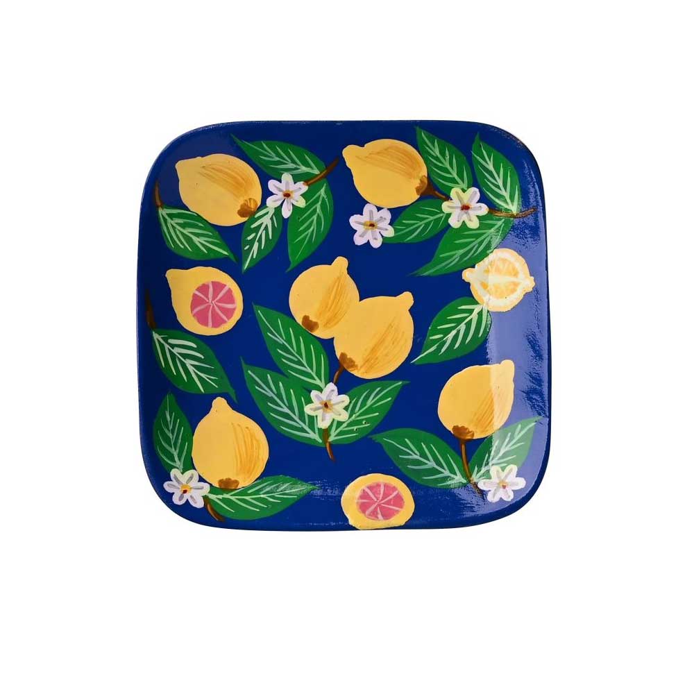 Love Plates, Dekoteller, Mangoholz, Motiv: Zitronen, blau , ca. 10 x 10 cm