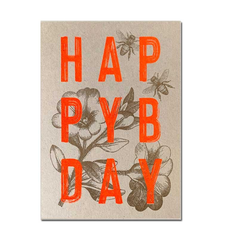 Feingeladen Postkarte TYPO »Happy BDAY«, Geburtstag, Neon Orange, RISO handgedruckt 