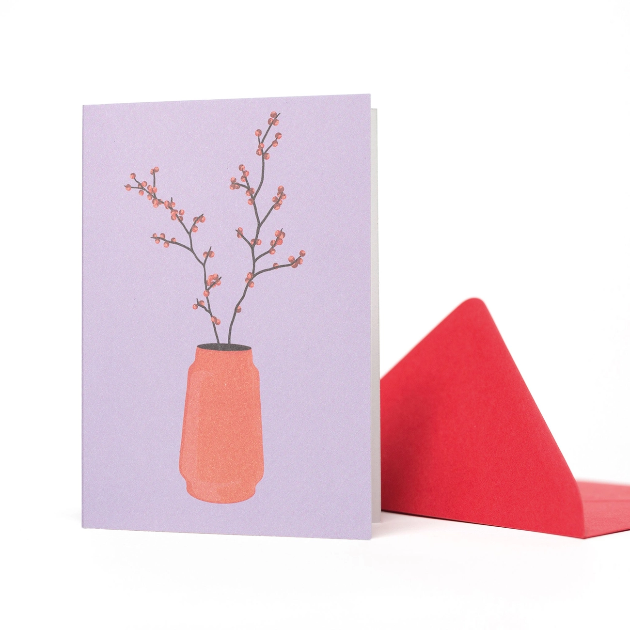 Weihnachtskarte Ilex - rote Vase mit Stechpalmenzweig lila von  My Pretty Circus