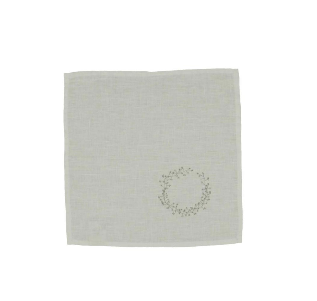 Serviette Blütenkranz zart von Dorothee Lehnen, Leinen handbedruckt, weiß