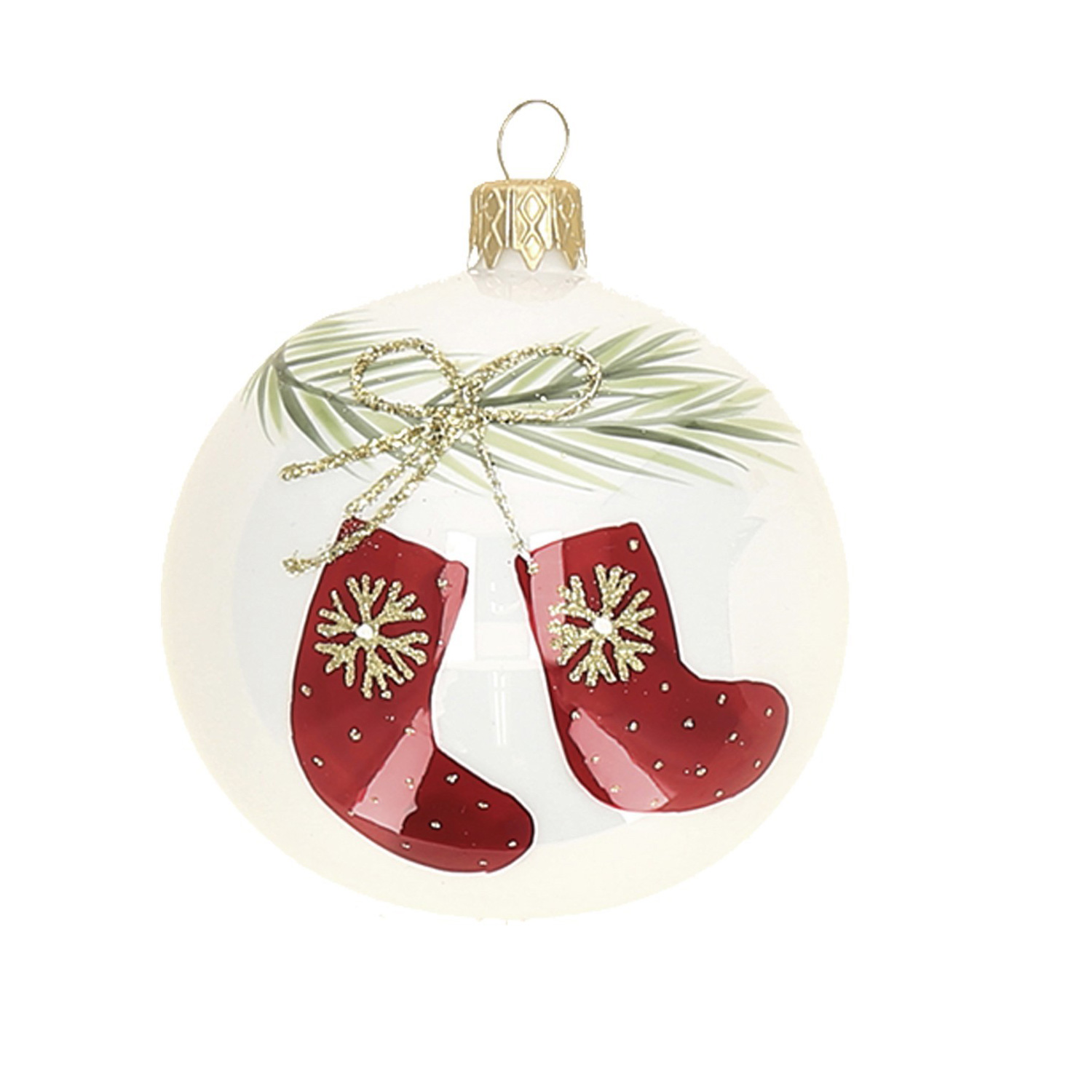 Weihnachtskugel "Stiefel" rot-grün-weiß, D. ca. 8 cm, handbemalt, weiß glänzend