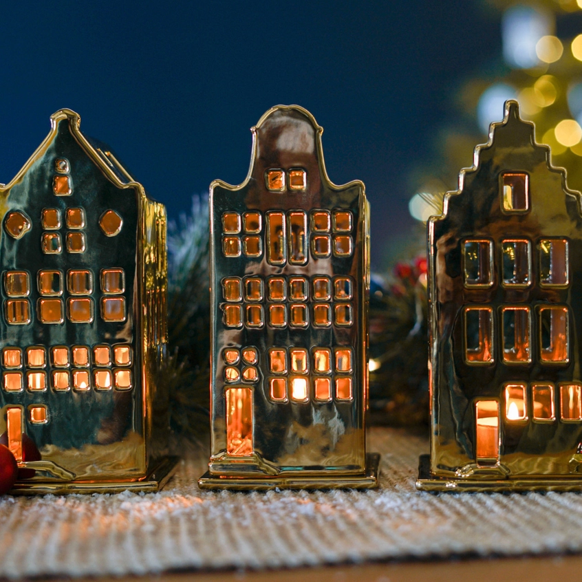 % Lichthaus House, Treppengiebel, Gold, Höhe . ca. 16,5 cm von Heinen Delfts Blauw, Holland, Niederlande  