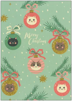 Postkarte Weihnachten "Merry Christmas" (Kugeln mit Katzenmotiven)