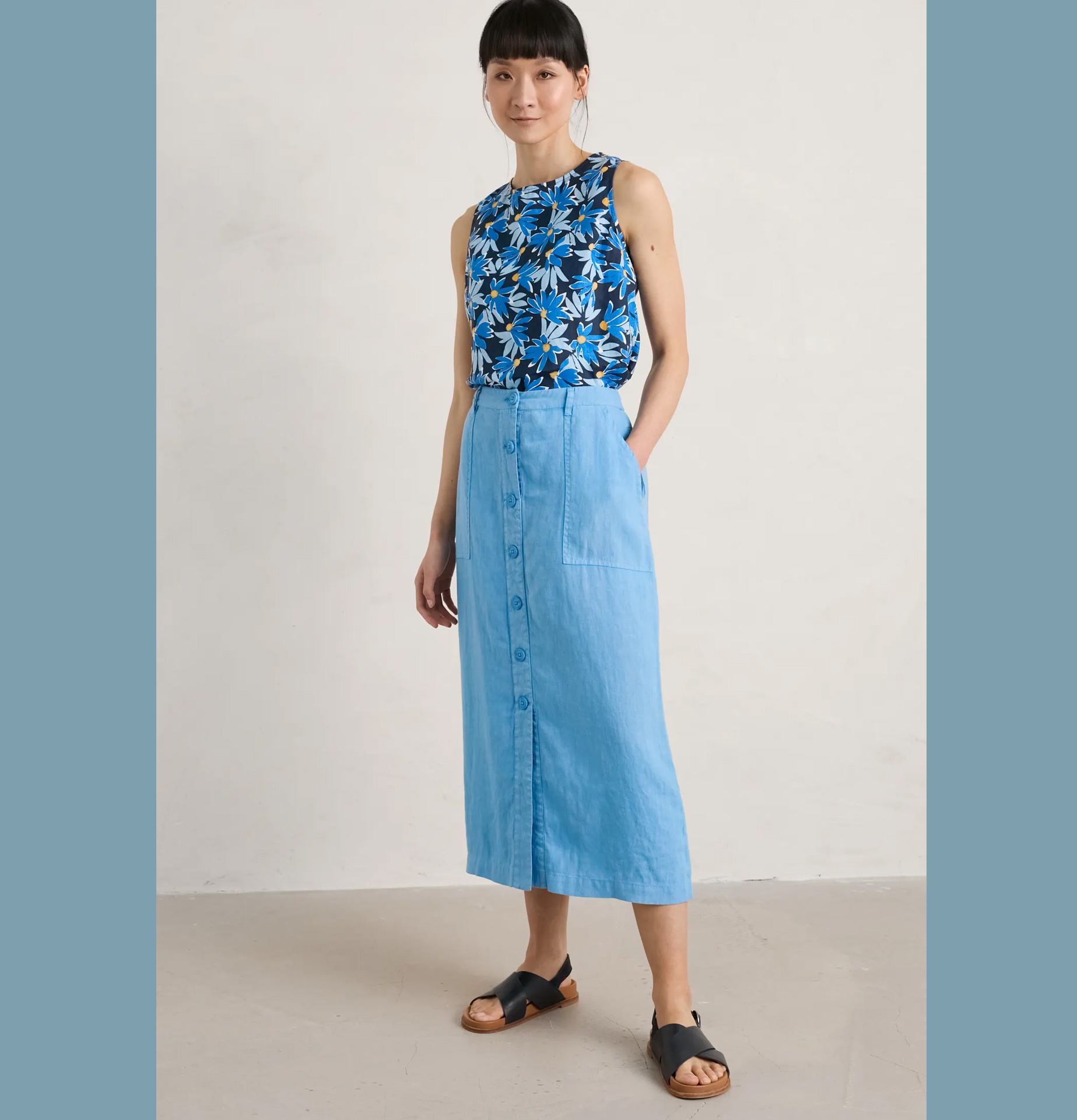 SEASALT Rock Rosewell Farm Linen Midi Skirt, Sea Blue