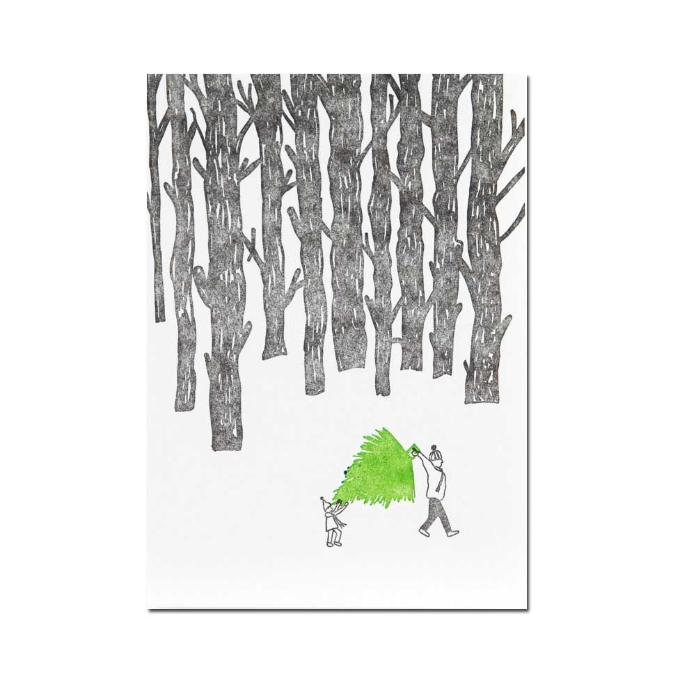 Letterpress Karte XMAS "Carrying a Christmas Tree"mit Umschlag, handgedruckt von Studio Flash