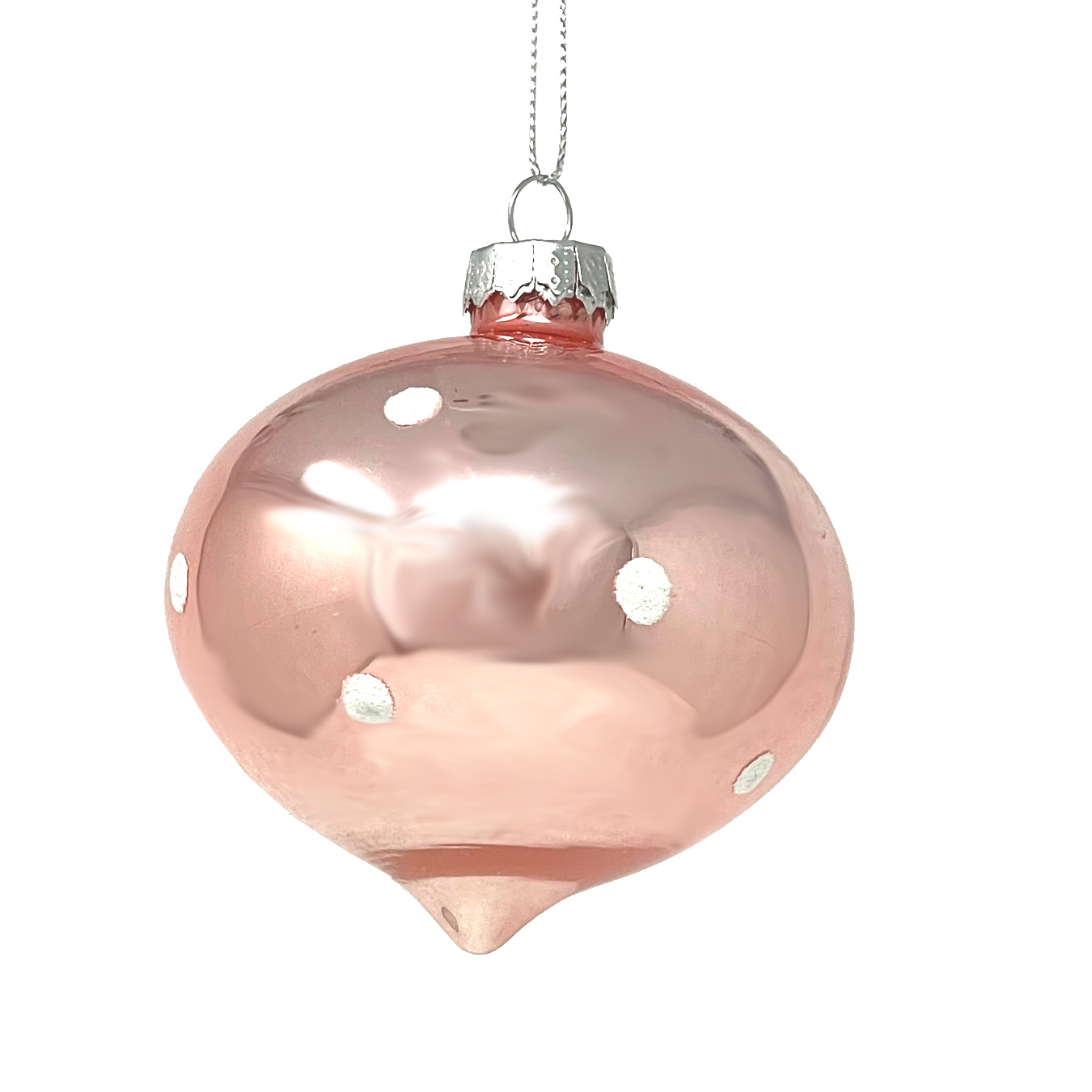 Weihnachtskugel sanftes Rosé  mit weißen Punkten, Zwiebel mit Dots Glitzer weiß, ca.7 cm von Catherine Collection / Goodwill 