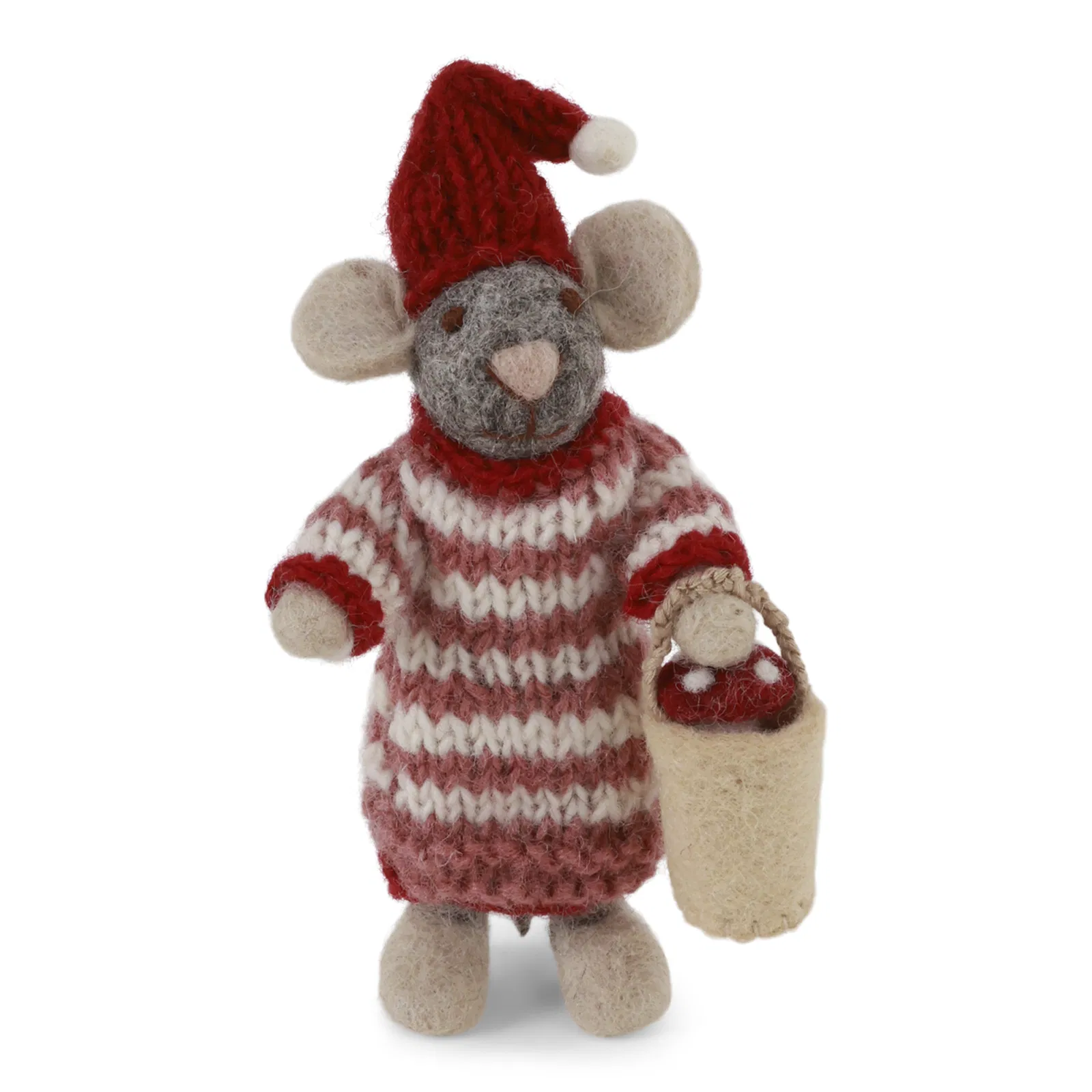 Gry & Sif Filz Weihnachtsmaus mit Kleid und Pilz im Eimer,  ca.12 cm, Small Grey Girly Mouse in Dress w/Mushroom in Bucket